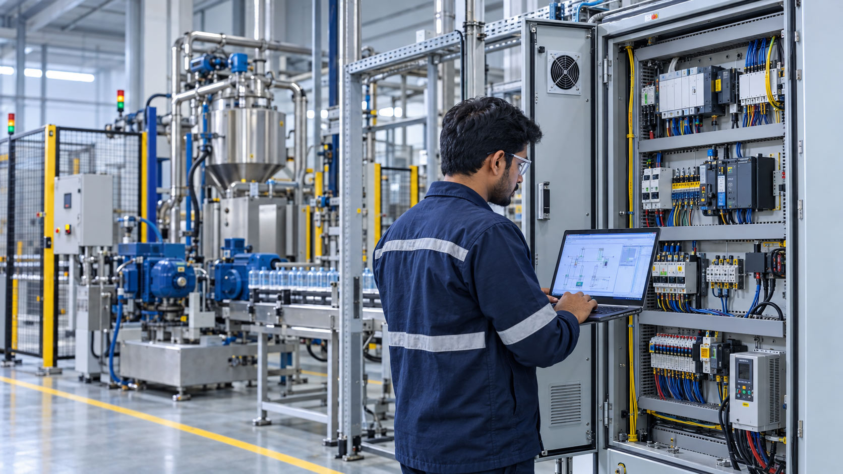 Industrial automation system with control panel, HMI and SCADA monitoring