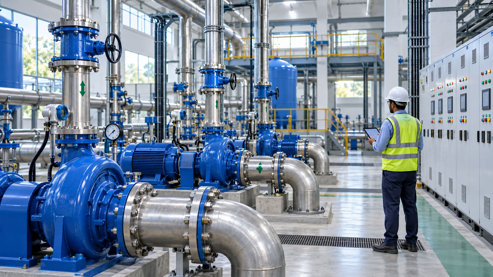 Automated pumps and pipework in a water utility facility