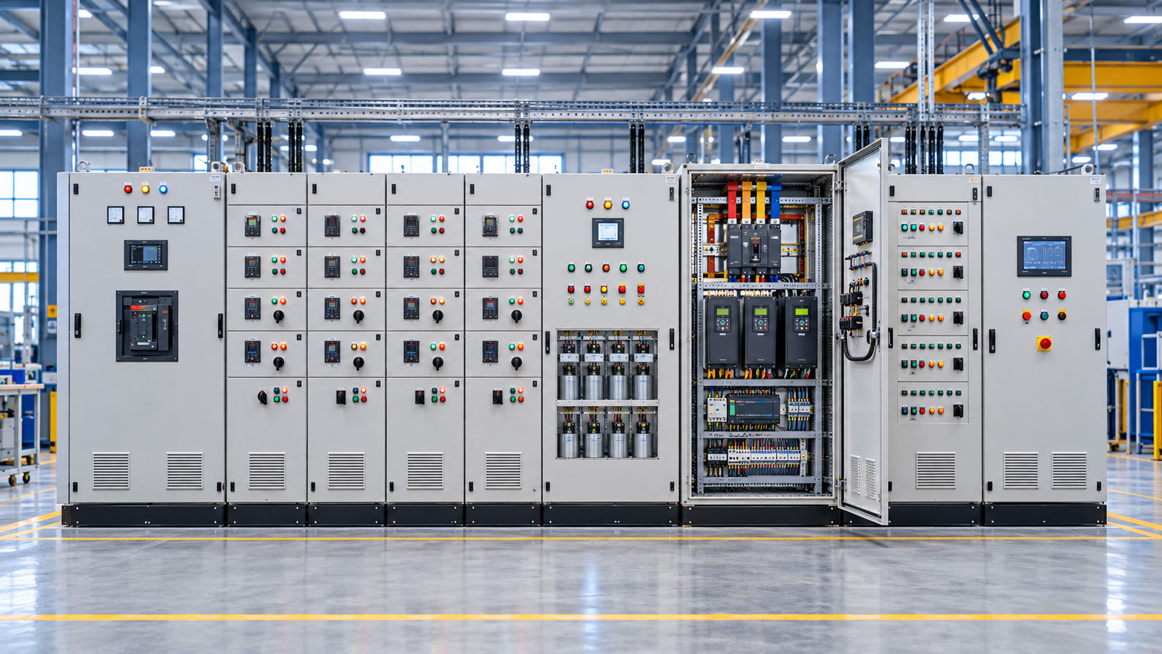 Complete electrical control panel lineup inside the Tvashtra manufacturing environment
