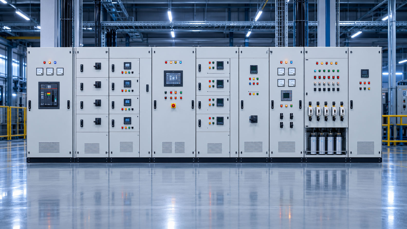 Electrical control panel lineup for industrial power distribution